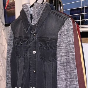 Black denim jean jacket with cloth sleeves